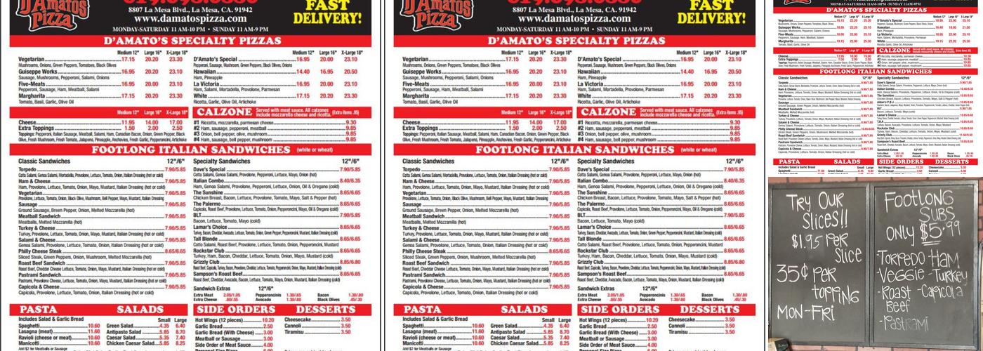D'Amatos Pizza Menu
