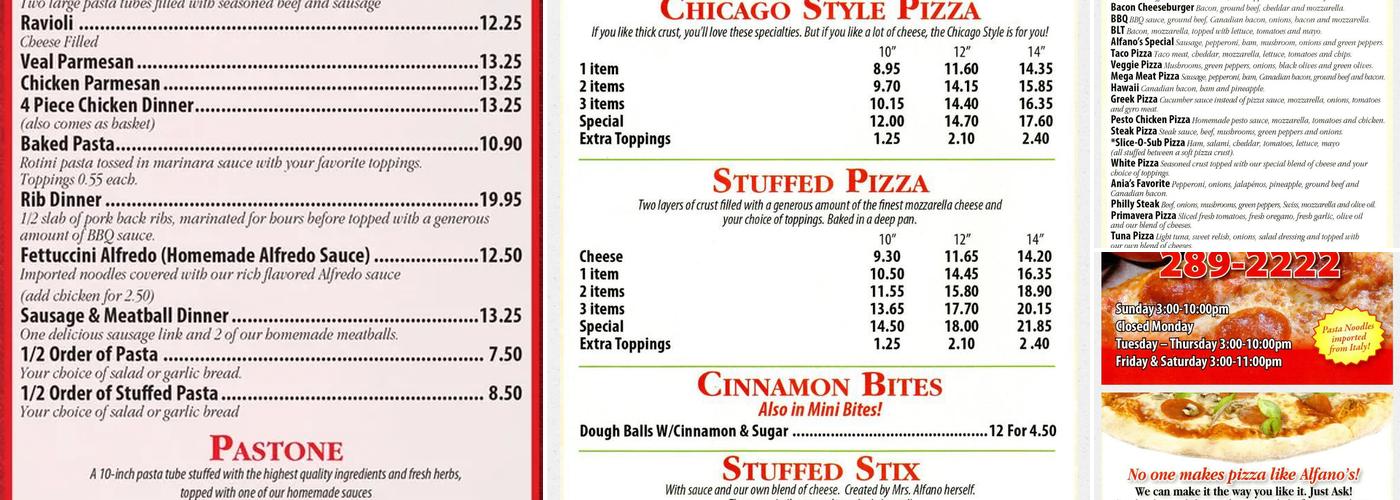 Alfano's Pizzeria Menu