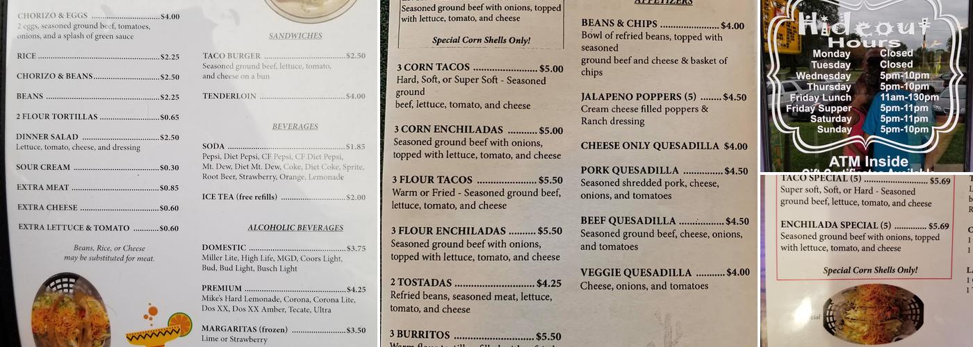 Taco Hideout Menu