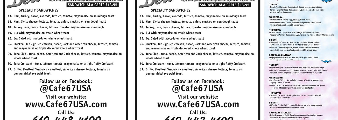 Cafe 67 Menu
