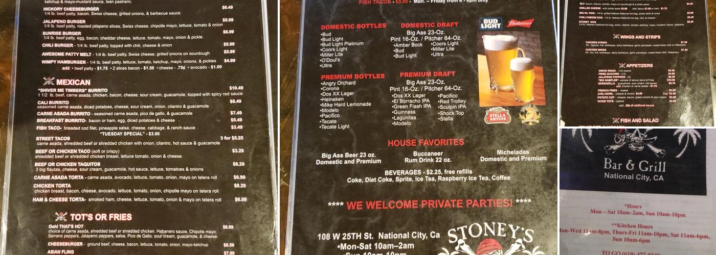Stoney's Menu