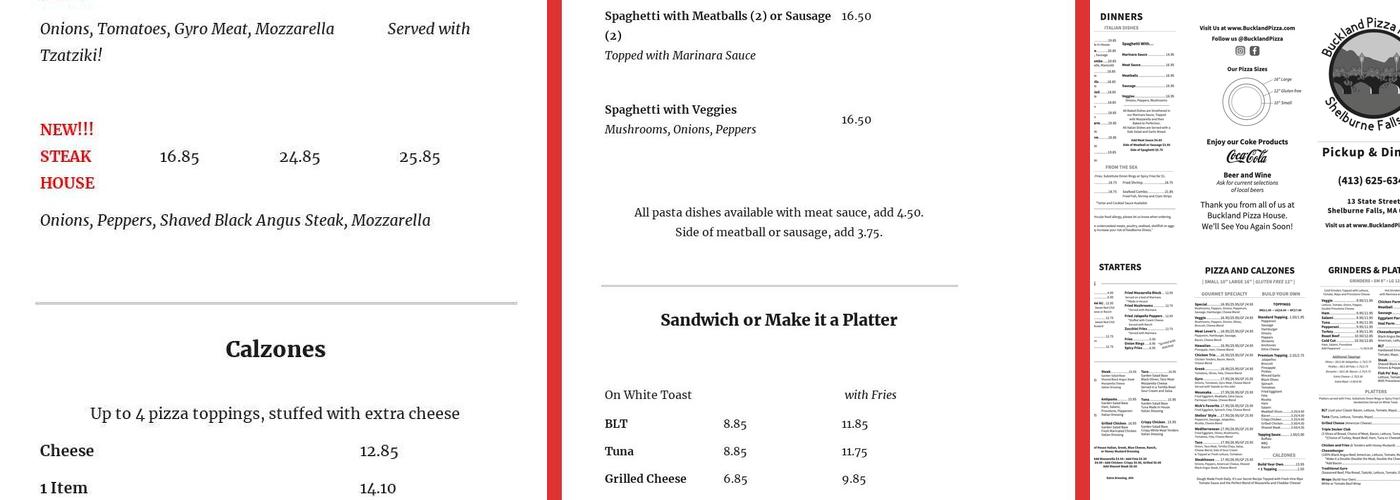 Buckland Pizza House Menu