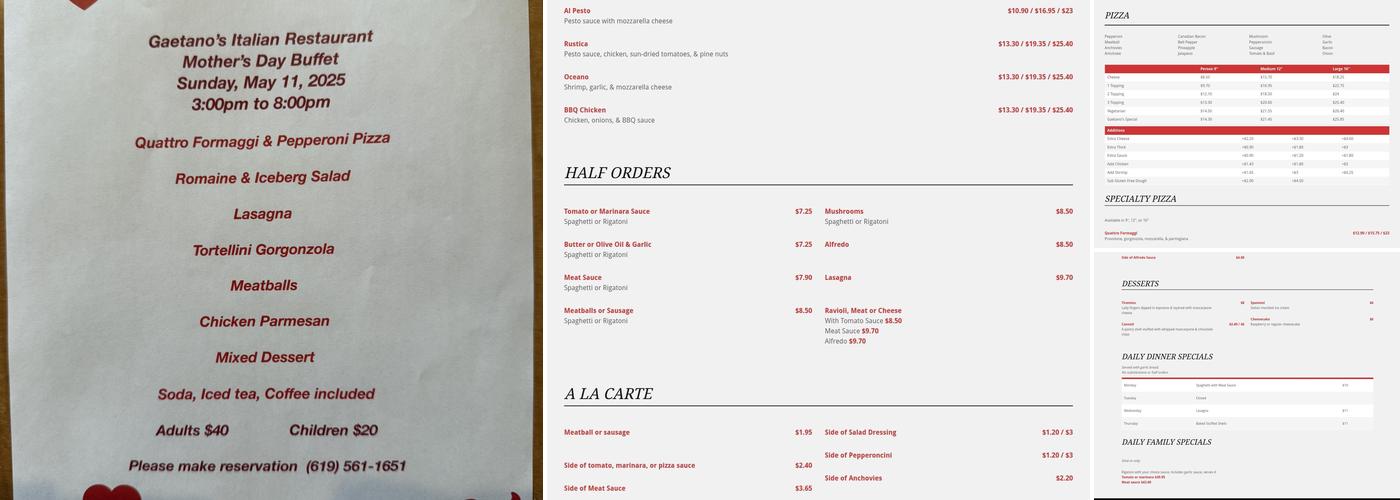 Gaetano's Pizza Ristorante Lakeside Menu