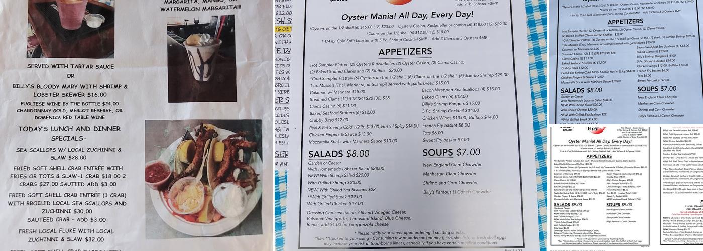 Billys by the Bay Menu