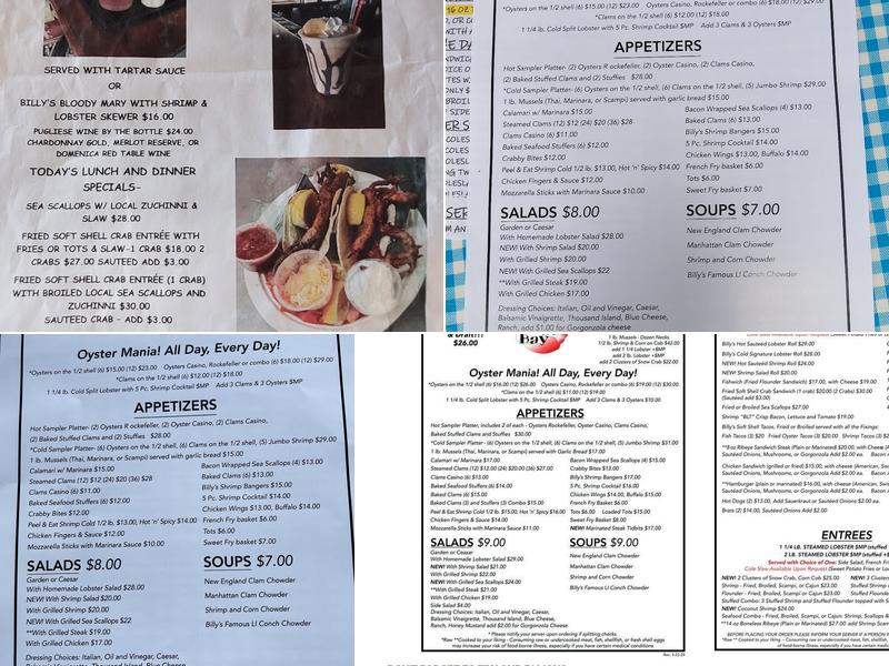 Billys by the Bay Menu