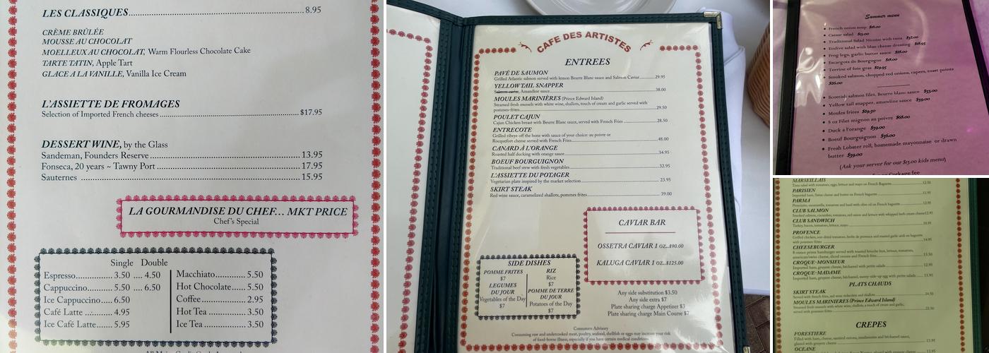 Café Des Artistes Menu