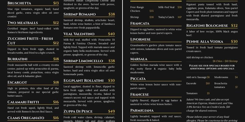 ROMEO-N-Juliette's Caffe Menu