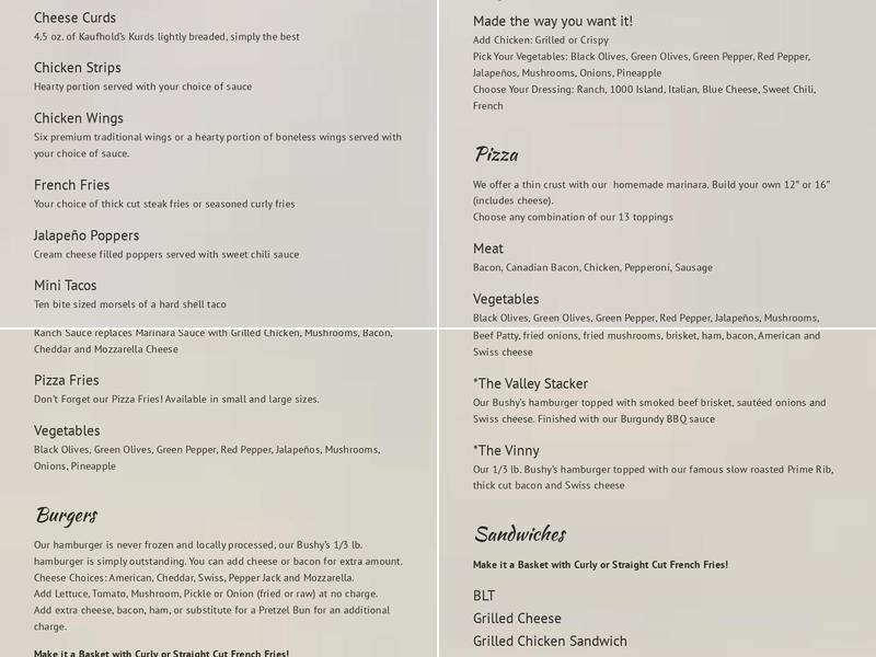 Newcomb Valley Inn Menu