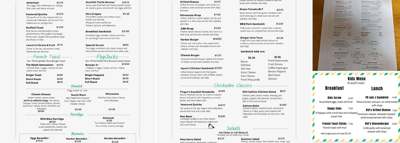 Chickadee Cottage Cafe Menu