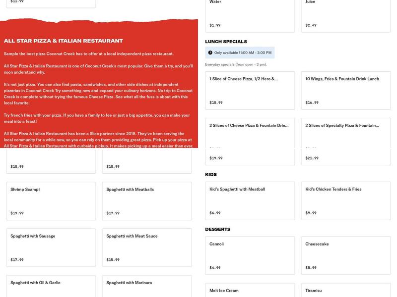 All Star Pizza & Italian Restaurant Menu