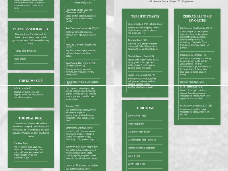 GREEN ZEBRA CAFE Menu