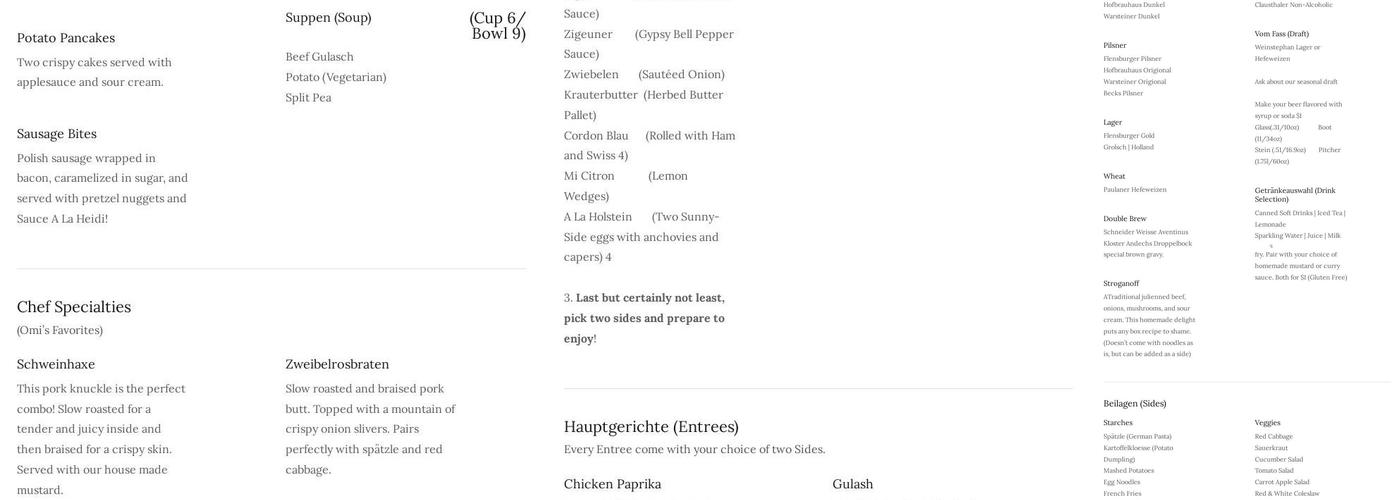 Heidi’s Schnitzel Kitchen Menu