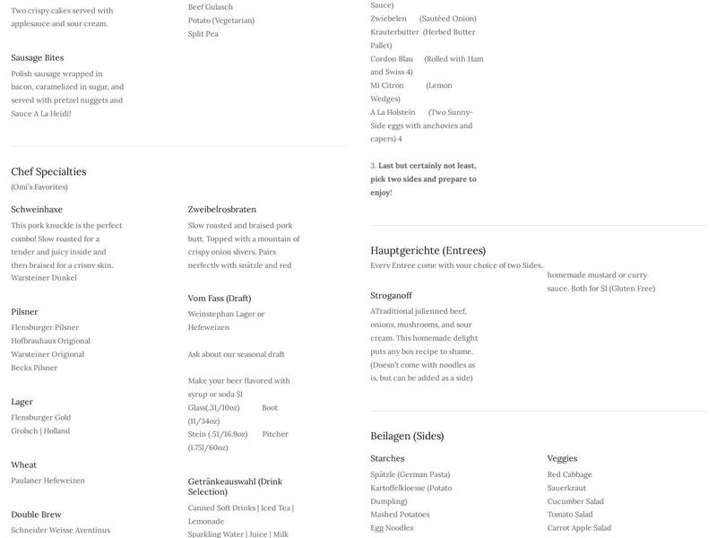 Heidi’s Schnitzel Kitchen Menu