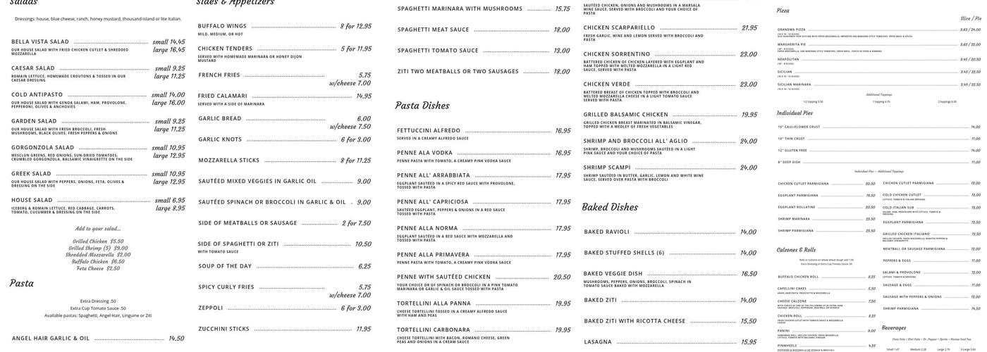 Bella Vista Pizza & Pasta Menu
