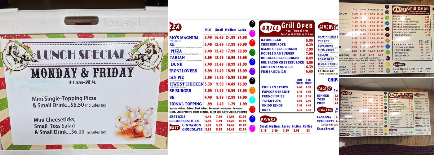 D'Mario's Pizza and Cheney Lanes Menu