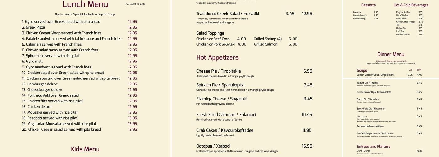Opa Grille Menu