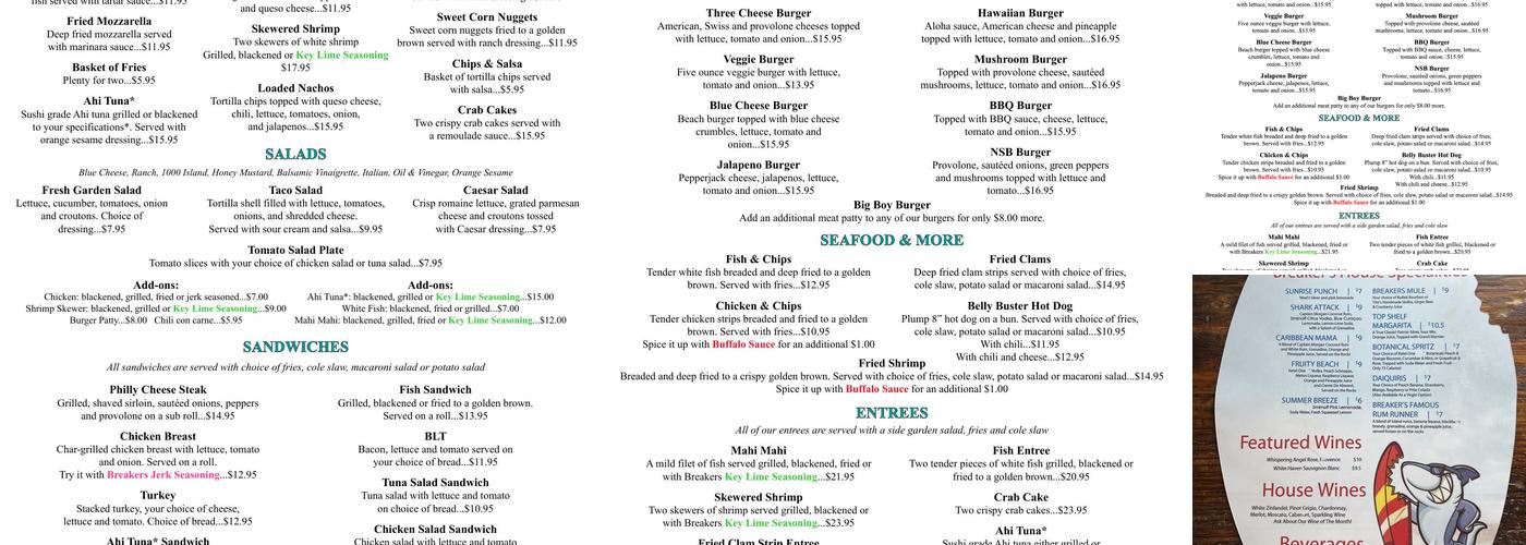 The Breakers Ocean Front Restaurant & Bar Menu