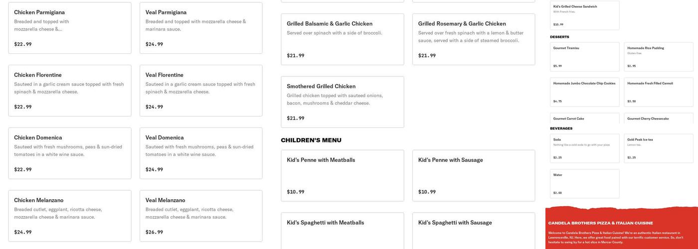 Candela Brothers Pizza & Italian Cuisine Menu