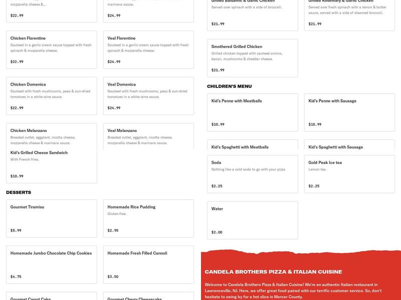 Candela Brothers Pizza & Italian Cuisine Menu