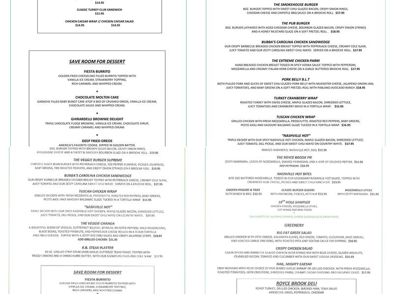 Restaurant at Royce Brook Menu