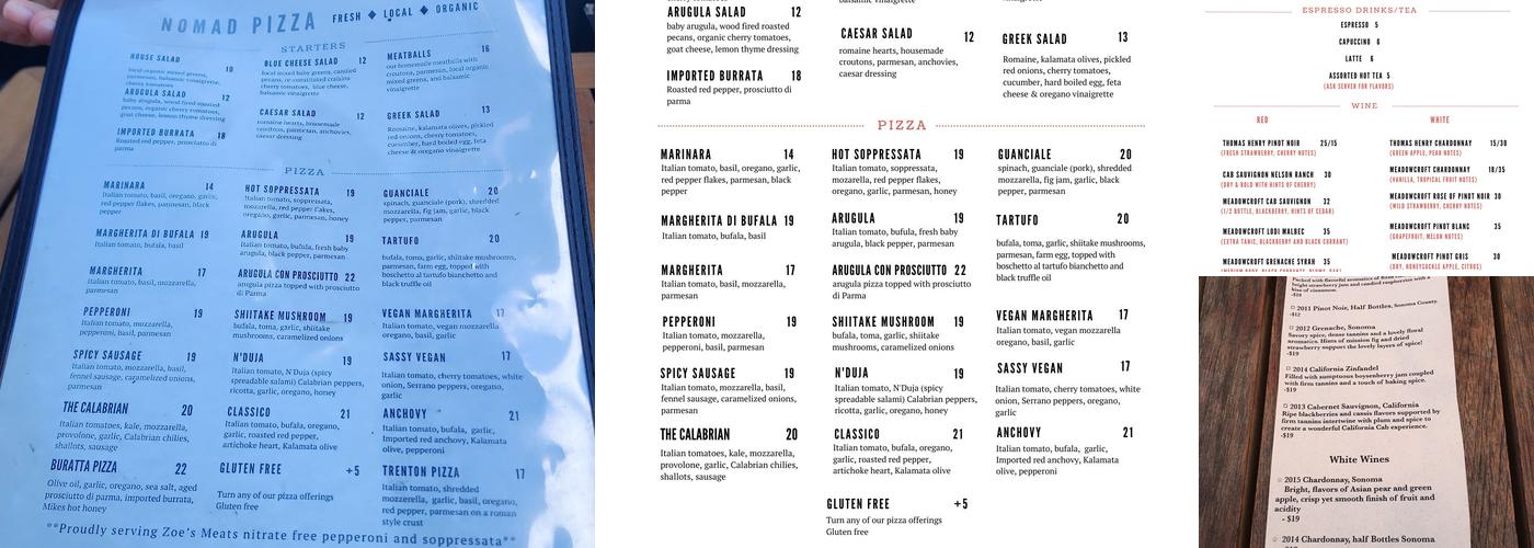 Nomad Pizza Princeton Menu
