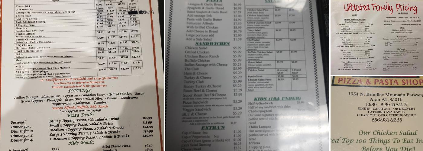 Grumpy's Pizza Menu