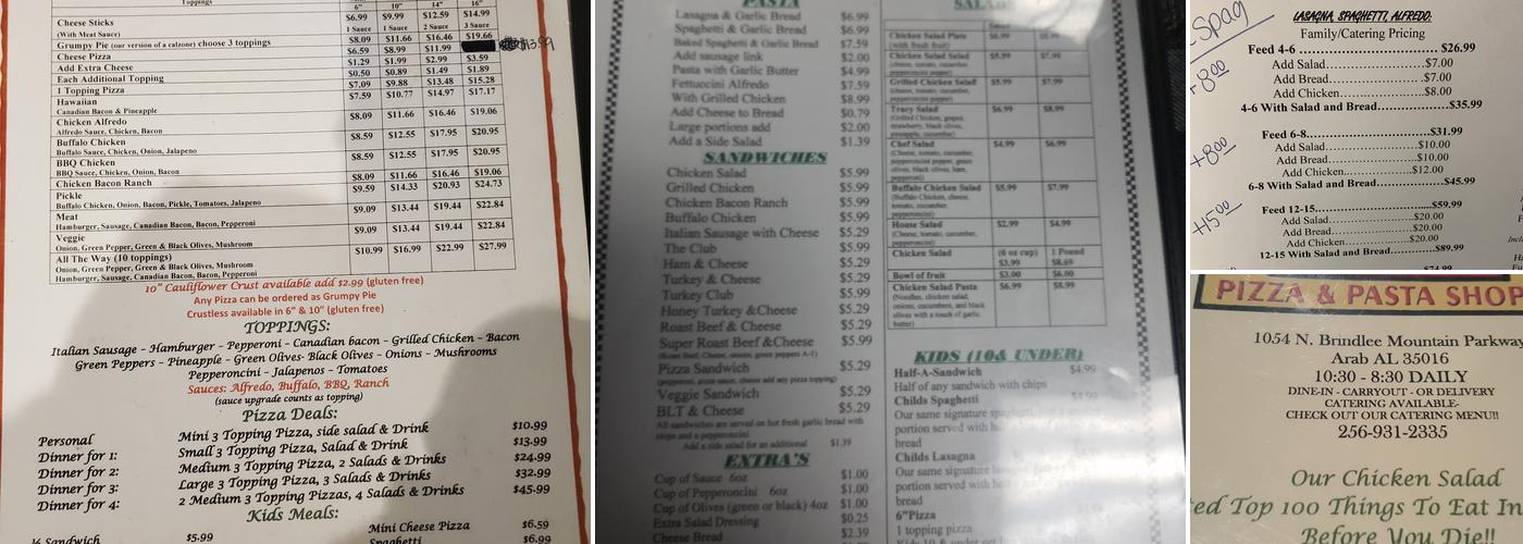 Grumpy's Pizza Menu