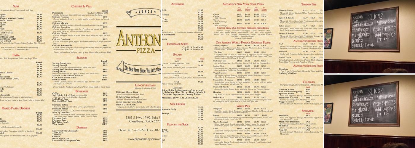 Anthony's Pizza Menu