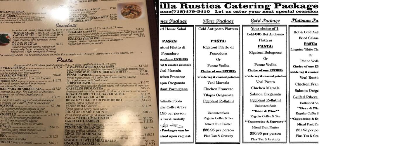 Villa Rustica Menu