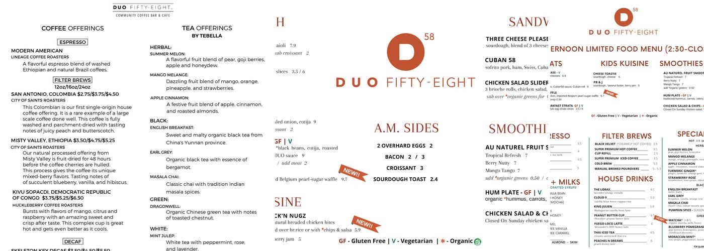 DUO58 Community Coffee Bar & Cafe Menu
