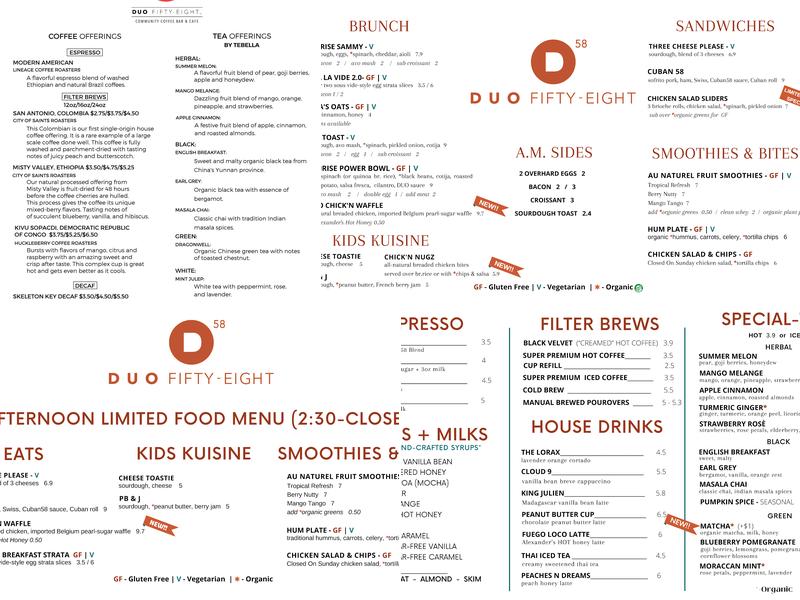 DUO58 Community Coffee Bar & Cafe Menu