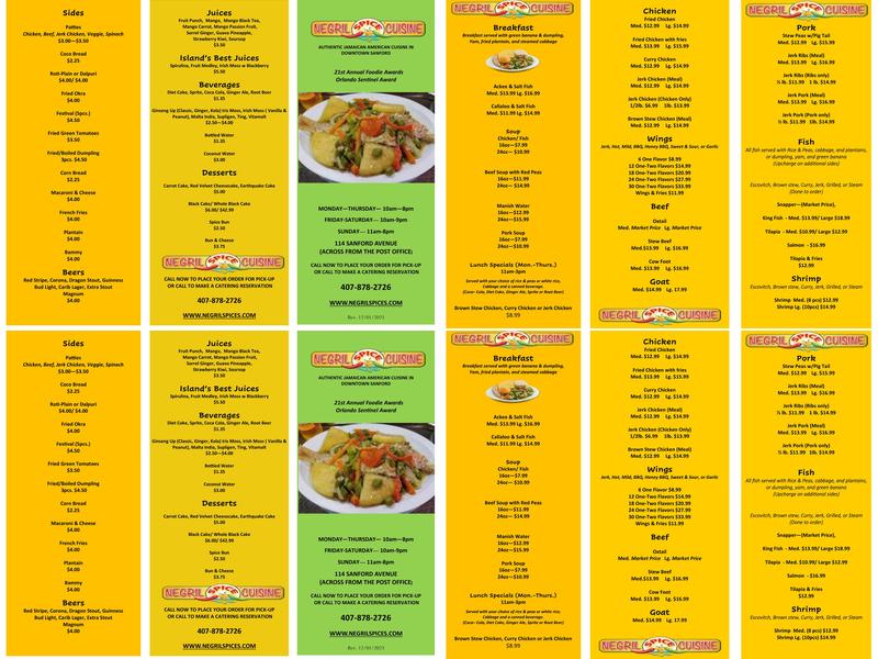 Negril Spice - Jamaican American Cuisine Menu
