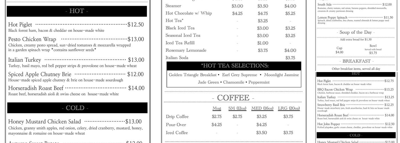 Scenic Route Bakery Menu