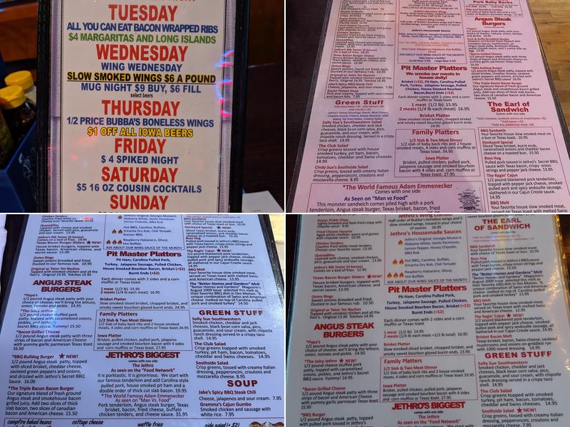Jethro's BBQ 'n Bacon Bacon Menu