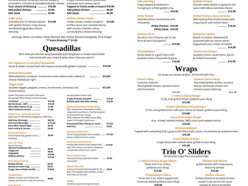 J Fallon's Tap Room Menu