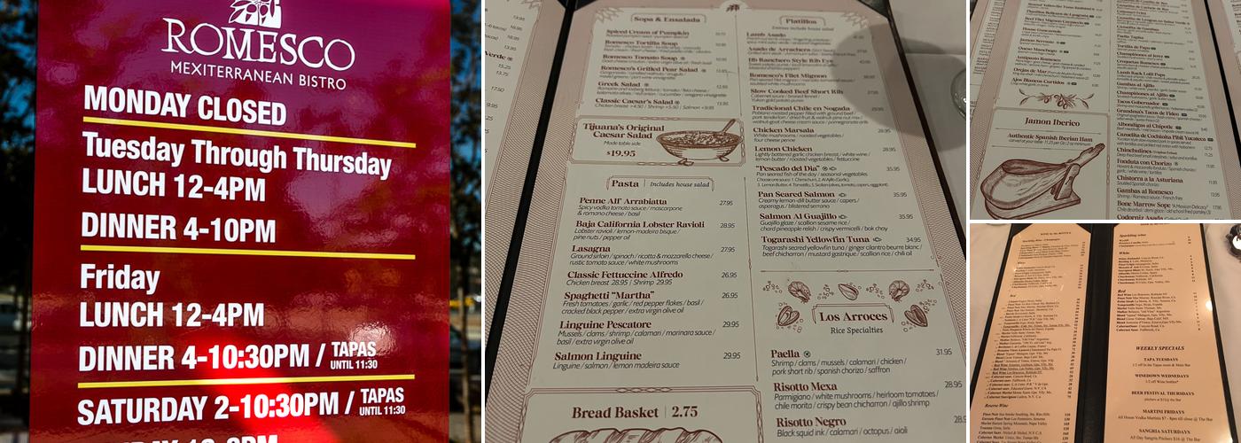 Romesco Mexiterranean Bistro Menu