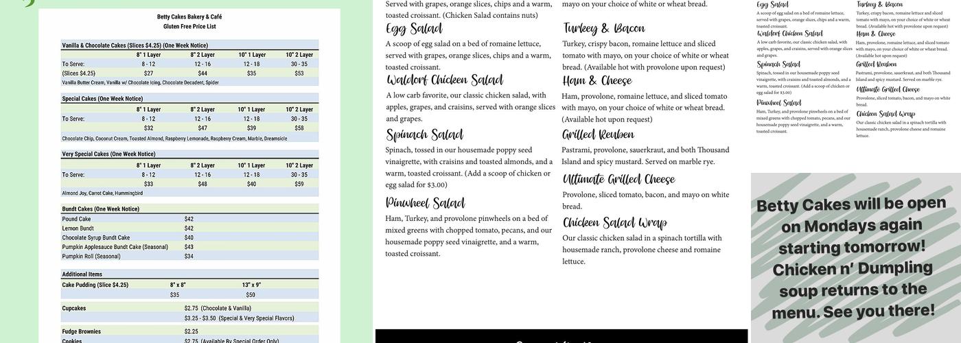 Betty Cakes Cafe Menu