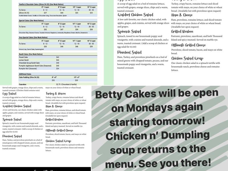 Betty Cakes Cafe Menu