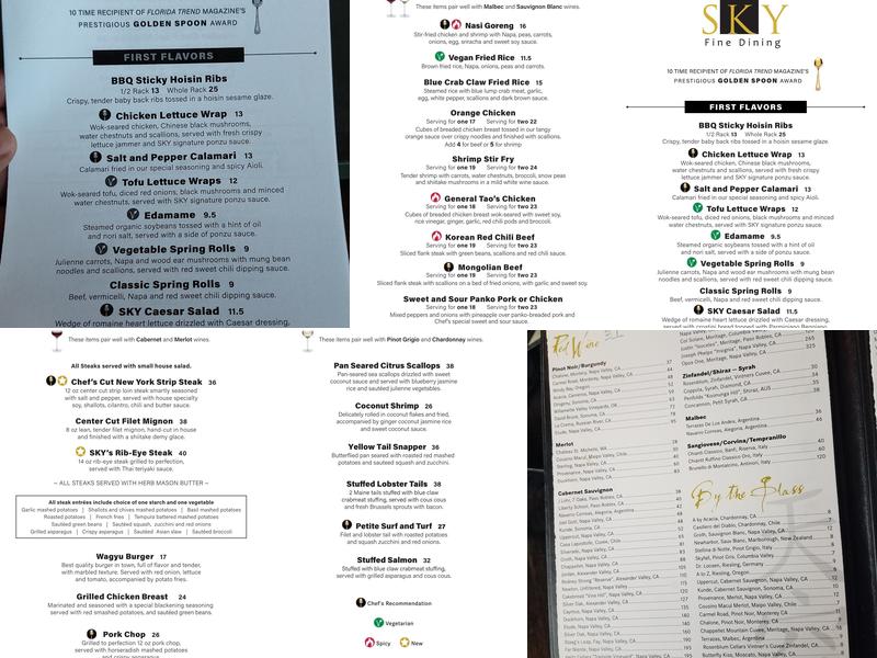 Sky Fine Dining Menu