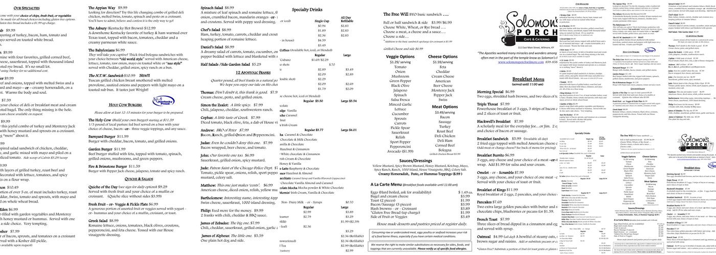 Solomon's Porch Cafe & Catering Menu