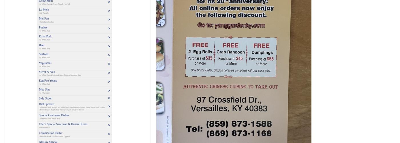 Yang Garden Chinese Restaurant Menu