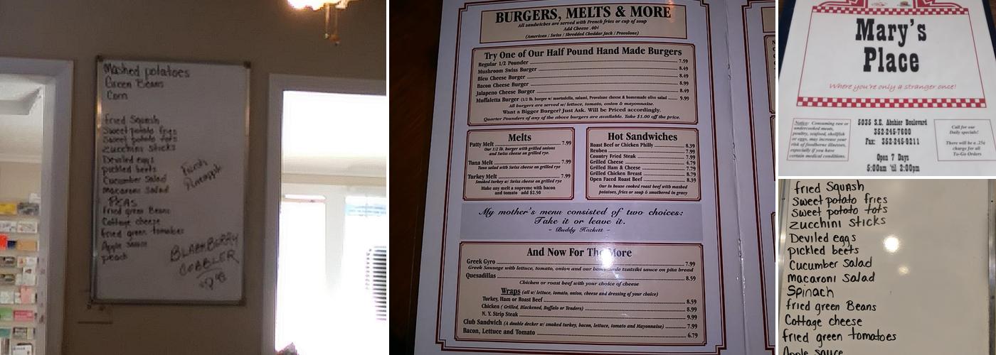 Mary's Place Menu