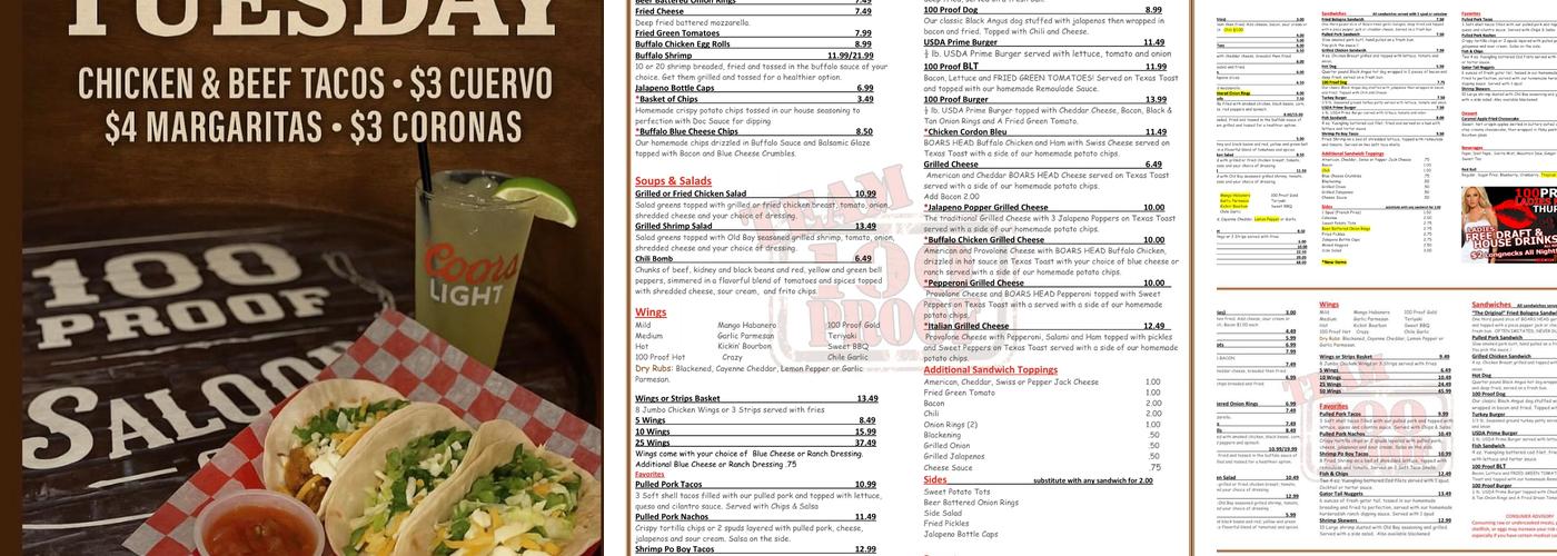 100 Proof Saloon Menu