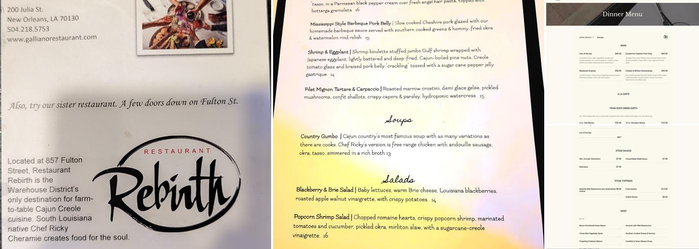 Restaurant Rebirth Menu