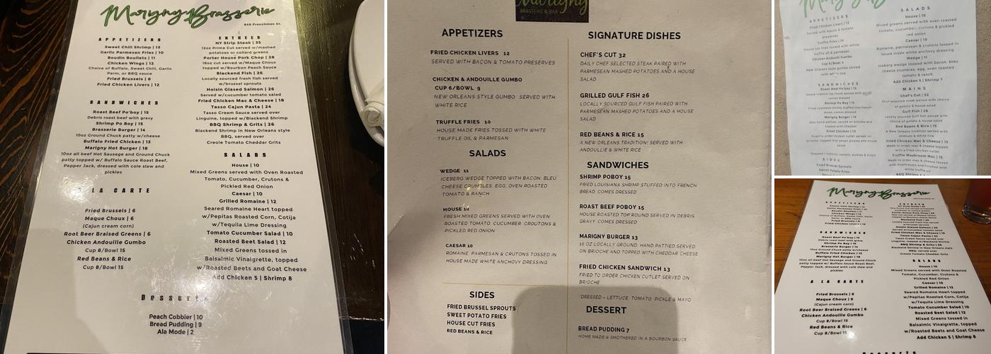 Marigny Brasserie Menu