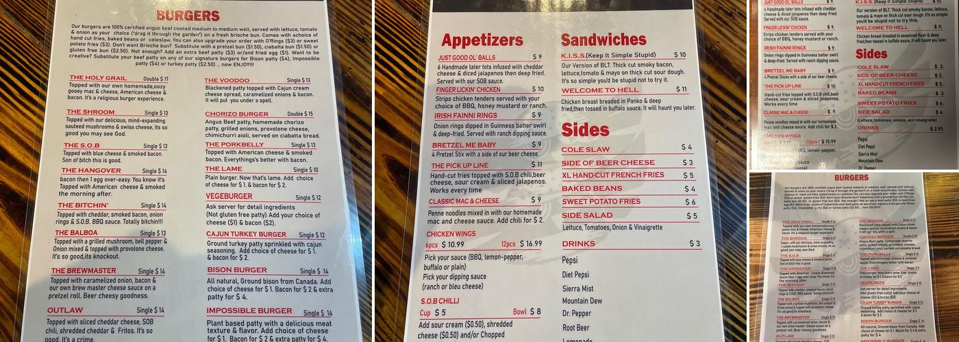 S.O.B. Burgers Menu