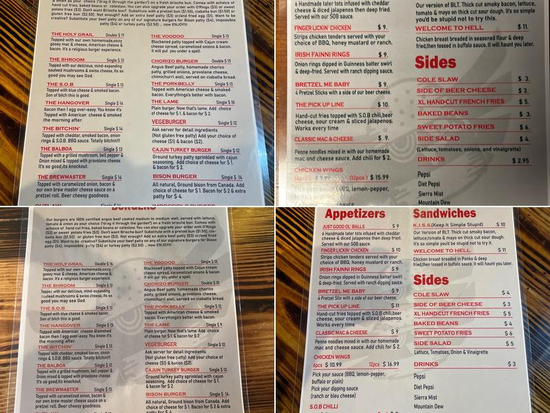 S.O.B. Burgers Menu