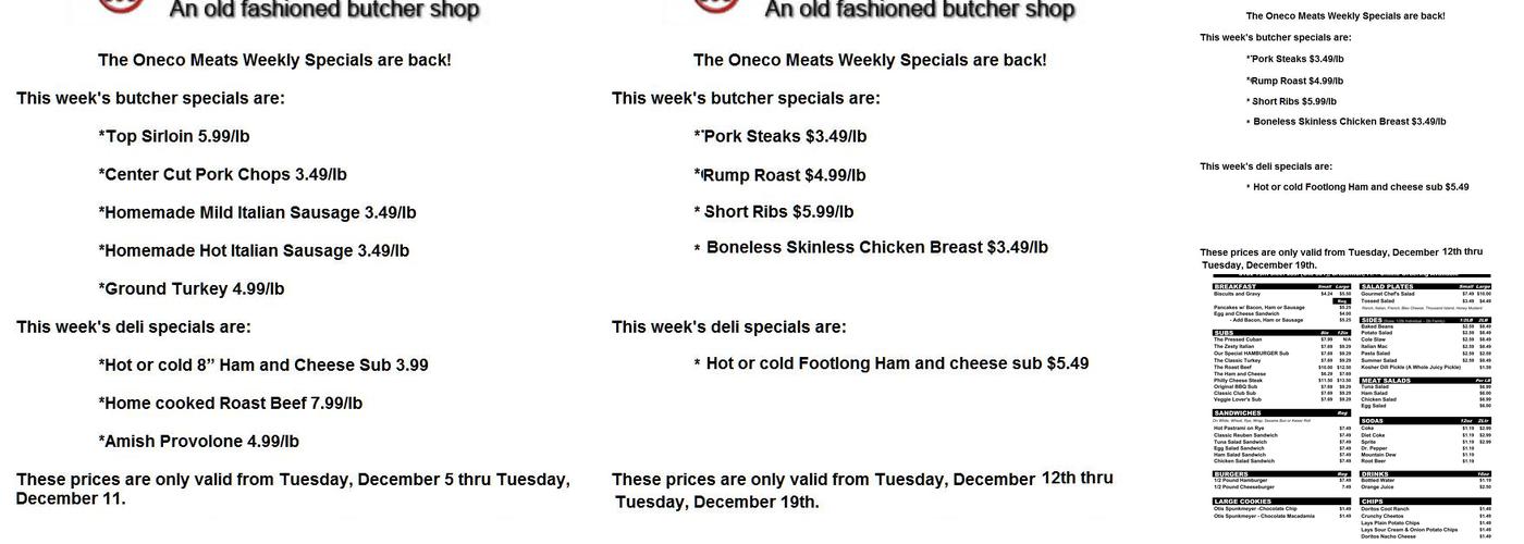 Oneco Meats Menu