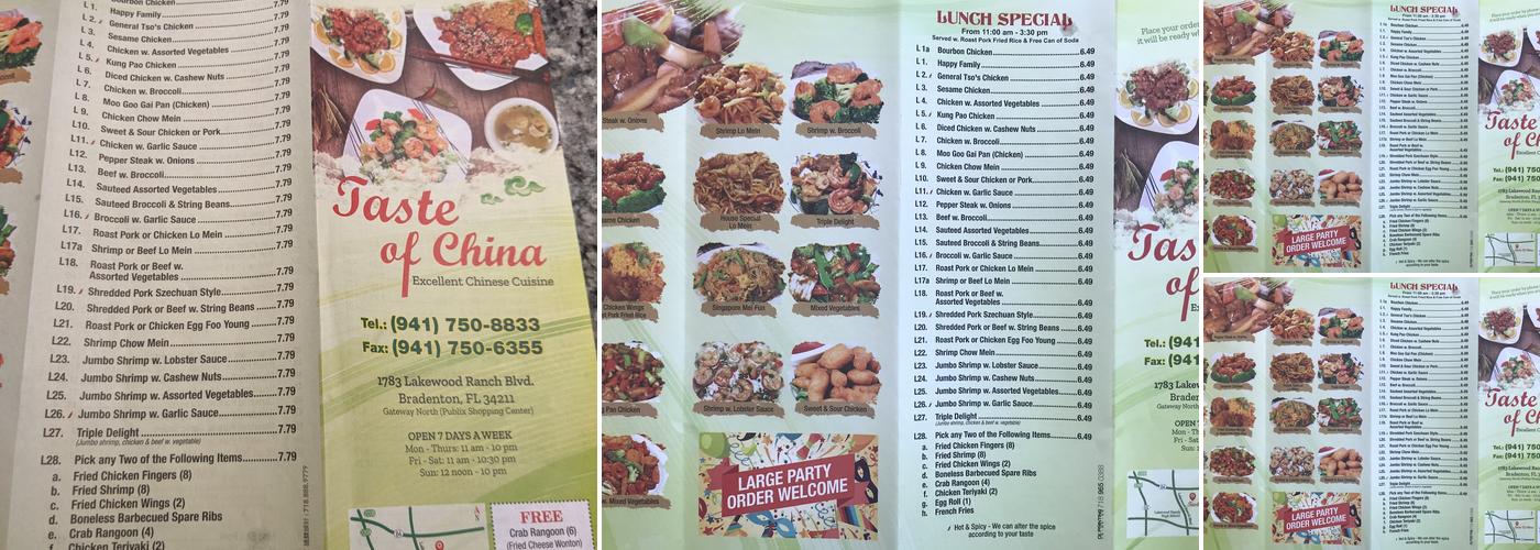 Taste of China Menu