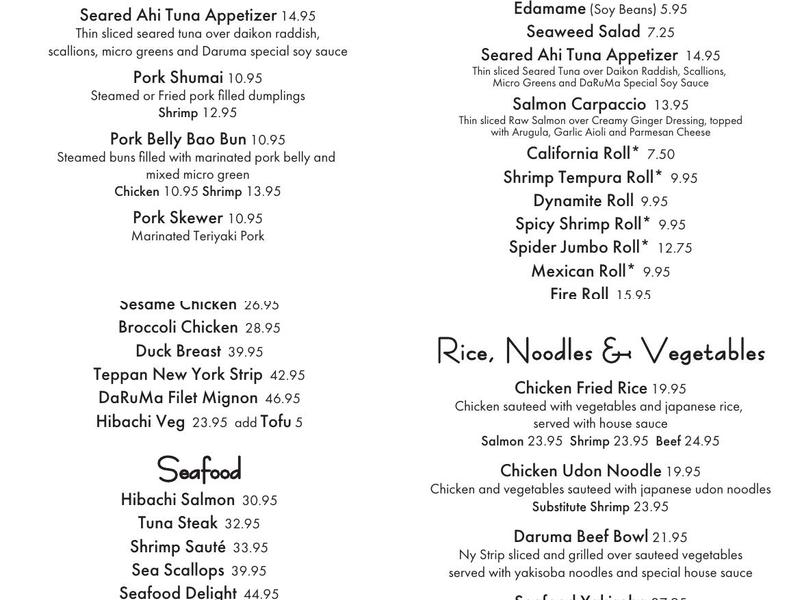 Daruma North Sarasota - Japanese Steakhouse & Sushi Lounge Menu